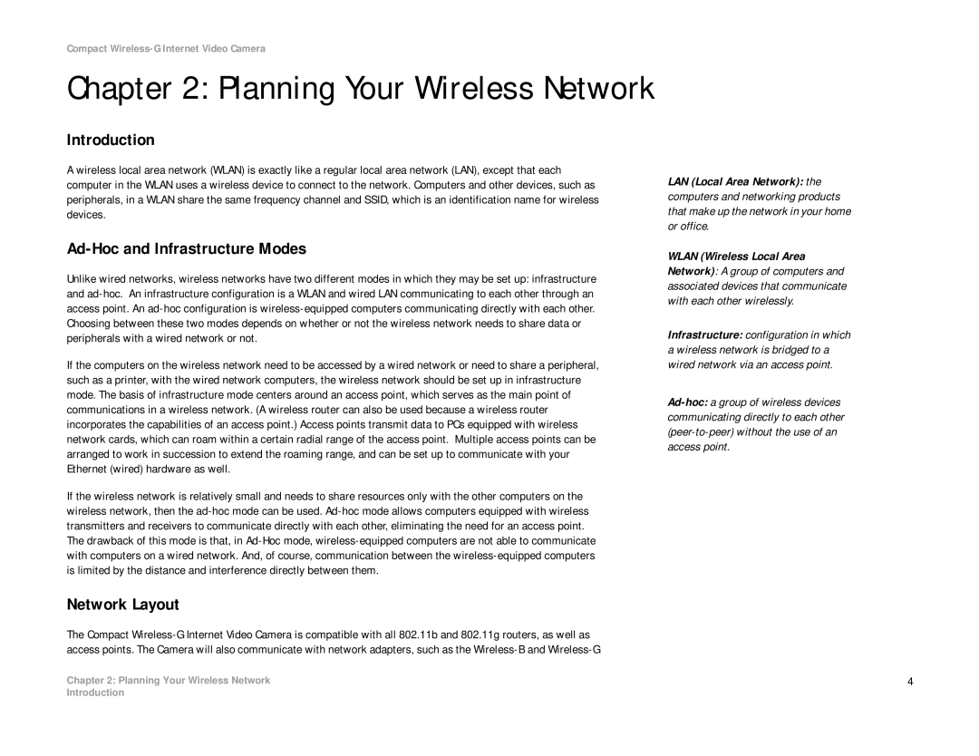 Linksys WVC54GC manual Planning Your Wireless Network, Ad-Hoc and Infrastructure Modes, Network Layout 