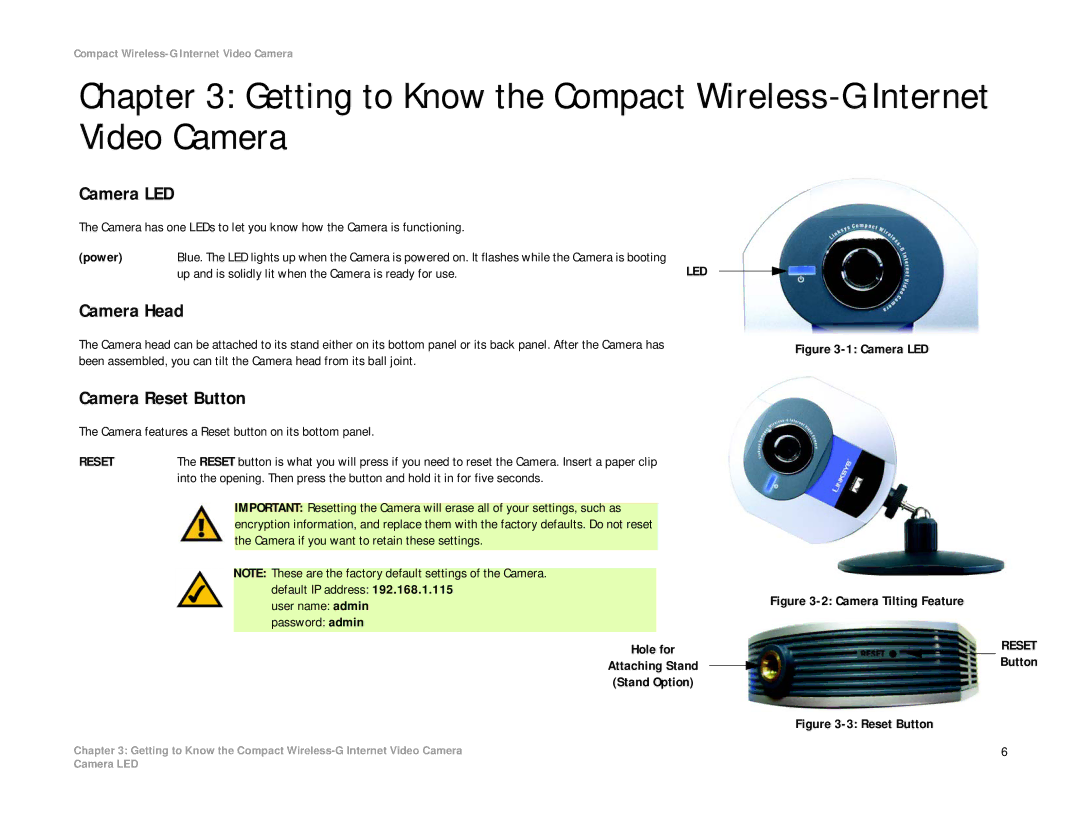 Linksys WVC54GC manual Camera Head, Camera Reset Button 