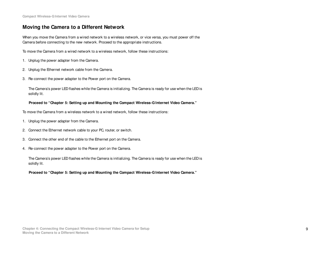 Linksys WVC54GC manual Moving the Camera to a Different Network 