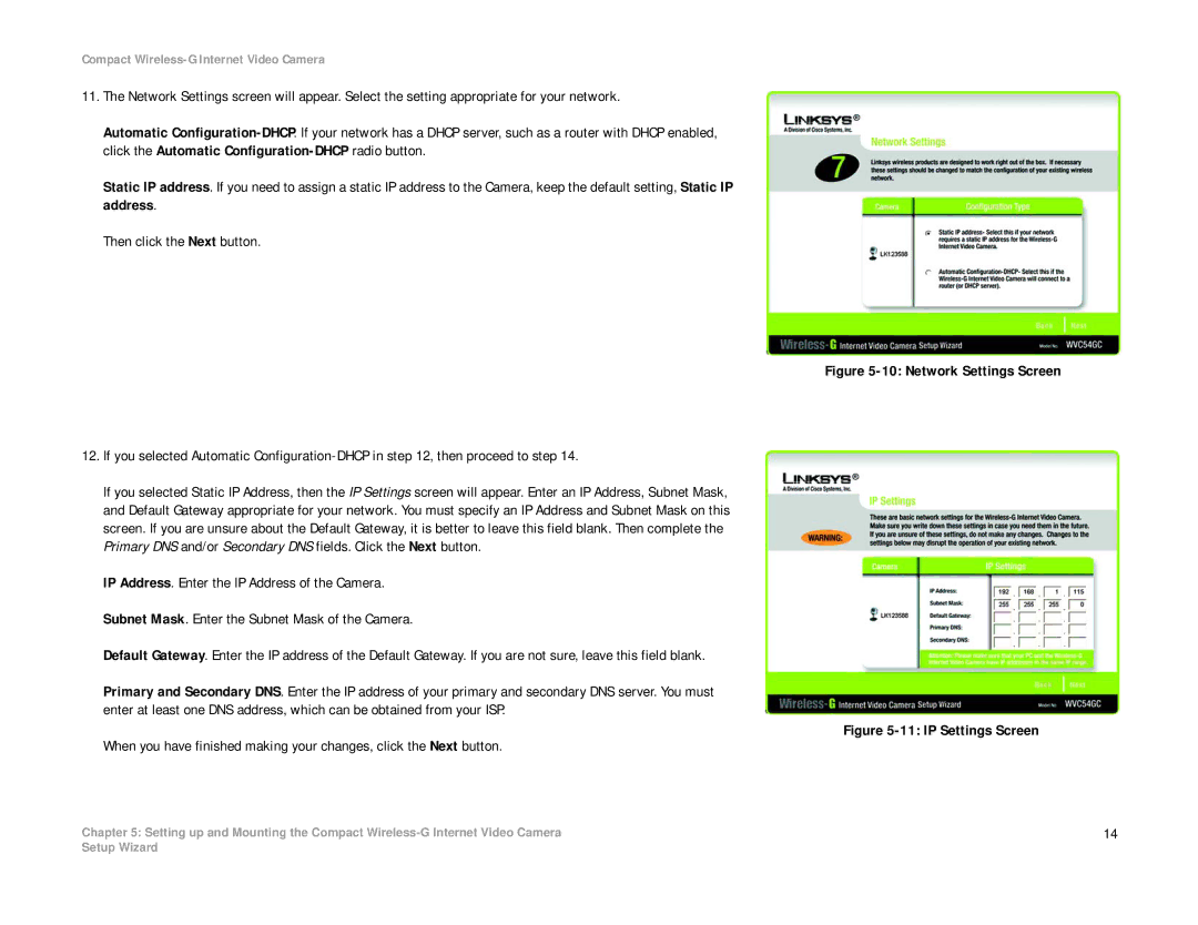 Linksys WVC54GC manual Network Settings Screen 