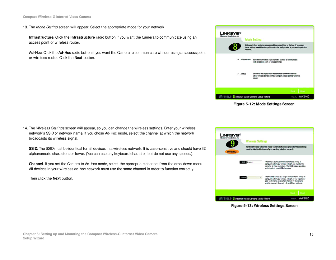 Linksys WVC54GC manual Wireless Settings Screen 