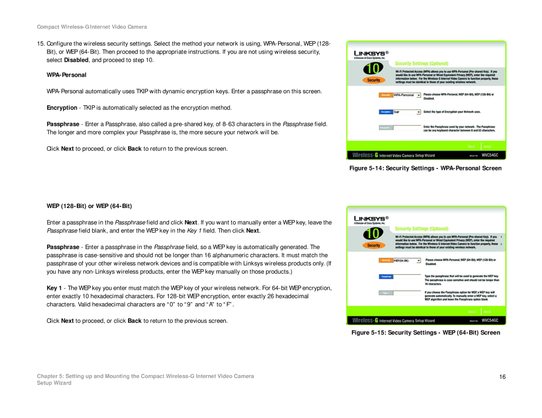 Linksys WVC54GC manual Security Settings WPA-Personal Screen 