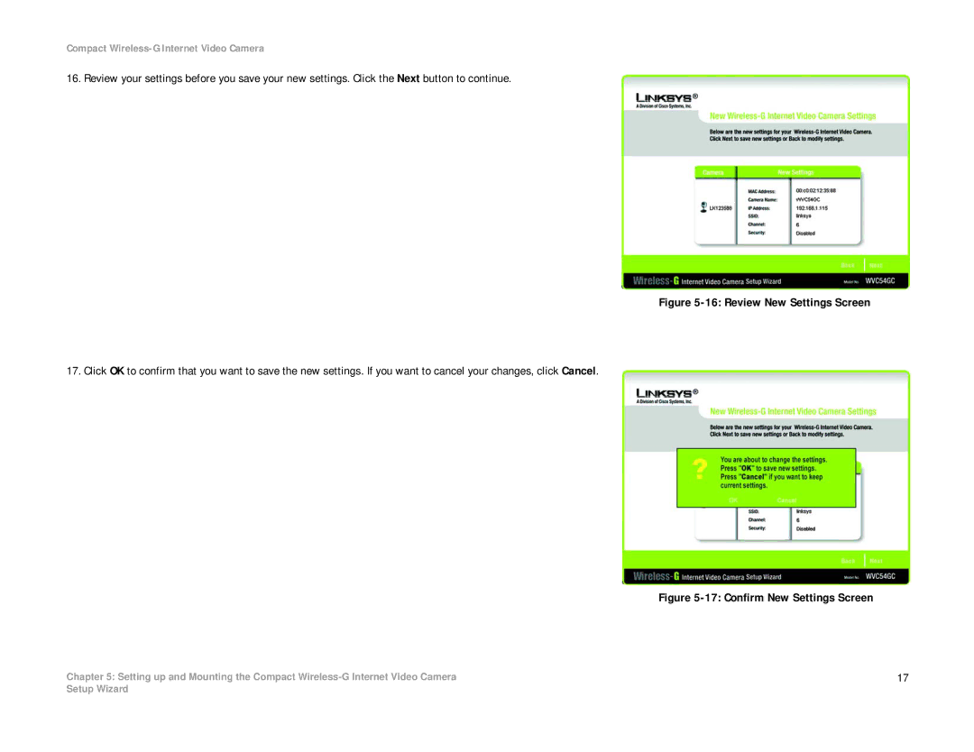 Linksys WVC54GC manual Confirm New Settings Screen 