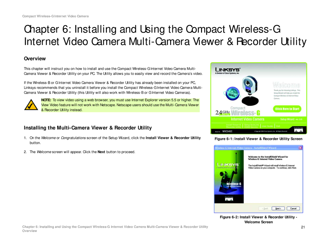 Linksys WVC54GC manual Installing the Multi-Camera Viewer & Recorder Utility, Welcome Screen 