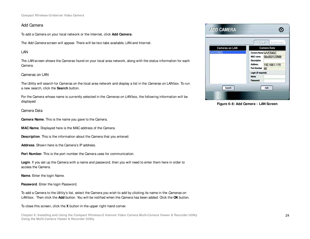 Linksys WVC54GC manual Add Camera, Cameras on LAN, Camera Data 