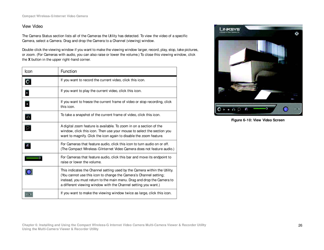 Linksys WVC54GC manual Icon Function, Raise or lower the volume 