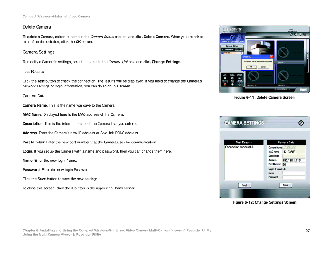 Linksys WVC54GC manual Delete Camera, Camera Settings 