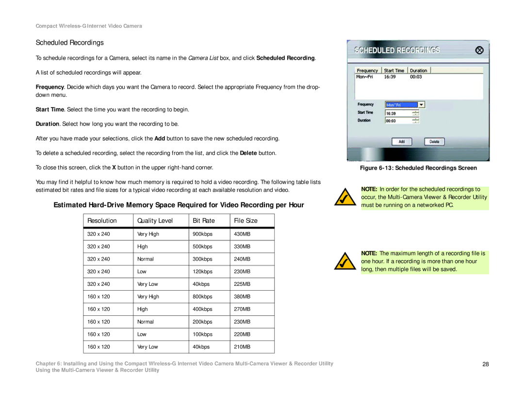 Linksys WVC54GC manual Scheduled Recordings, Resolution Quality Level Bit Rate File Size 