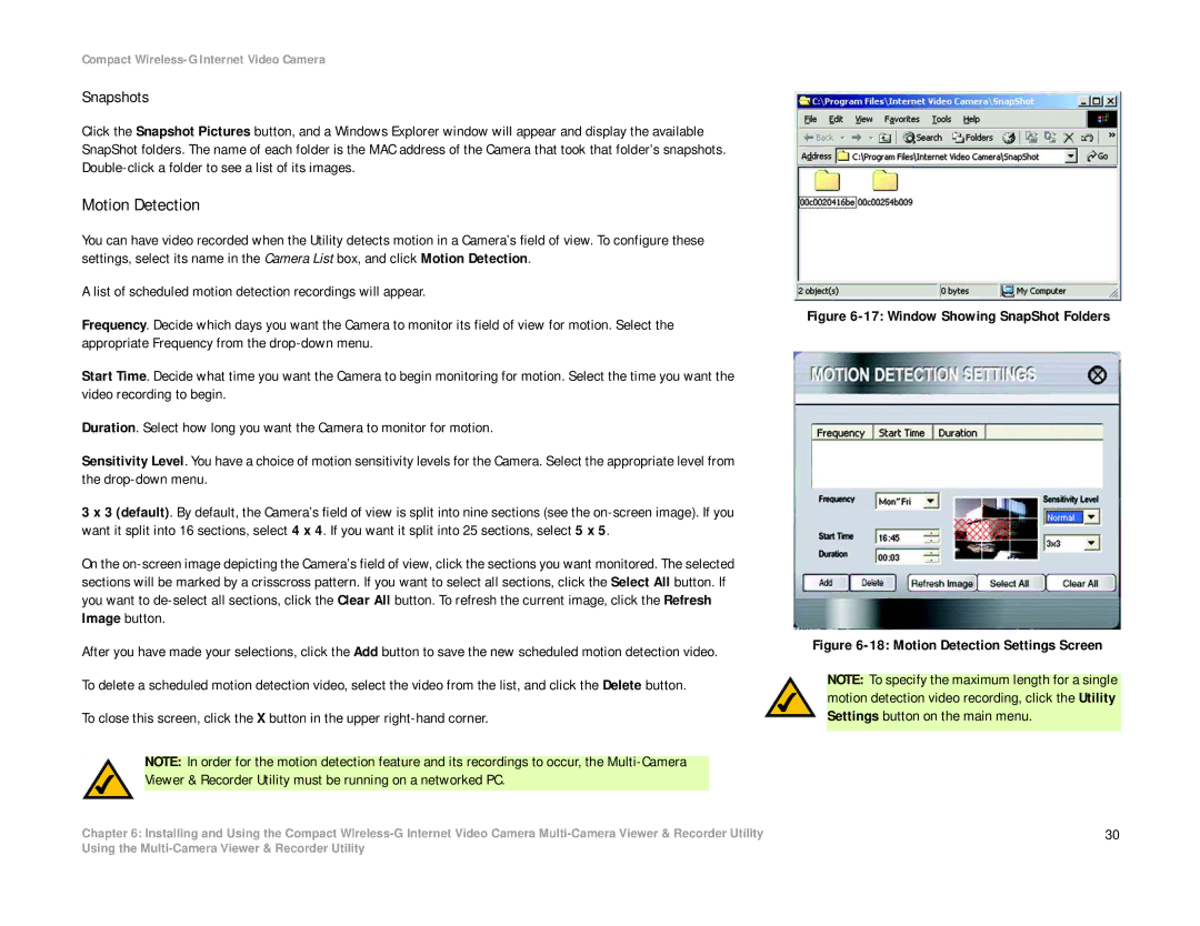 Linksys WVC54GC manual Motion Detection, Snapshots 