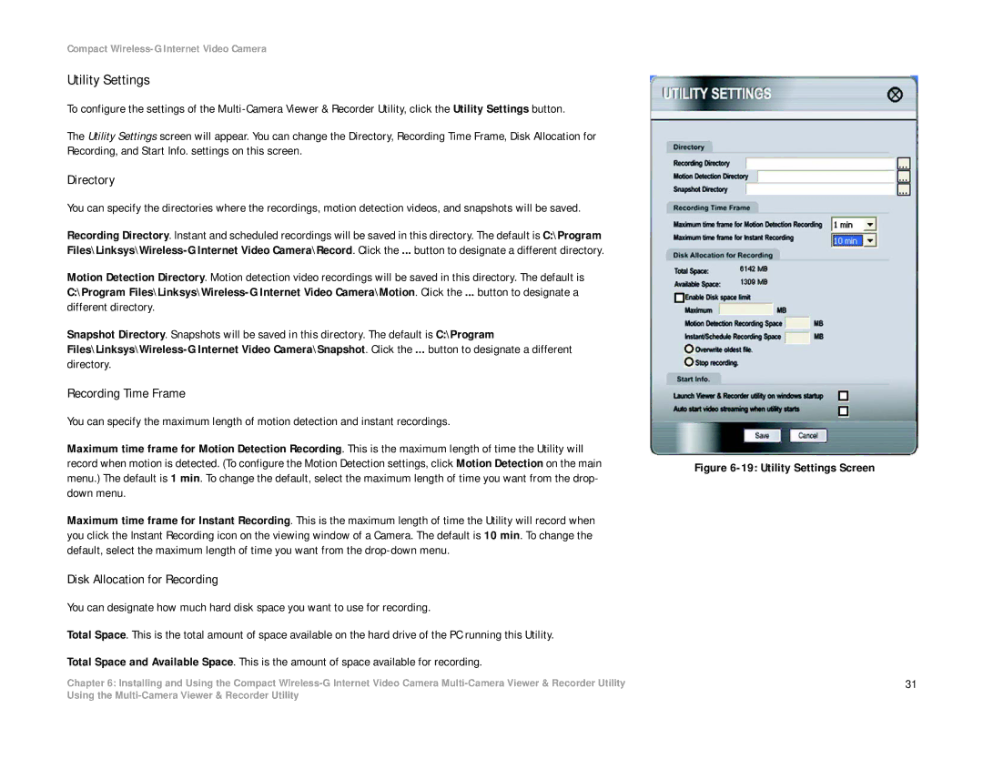 Linksys WVC54GC manual Utility Settings, Directory, Recording Time Frame, Disk Allocation for Recording 