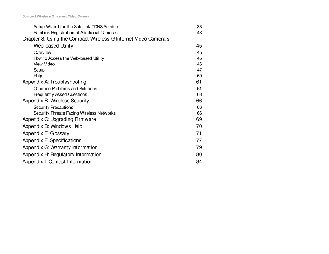 Linksys WVC54GC manual Web-based Utility, Appendix a Troubleshooting, Appendix B Wireless Security 