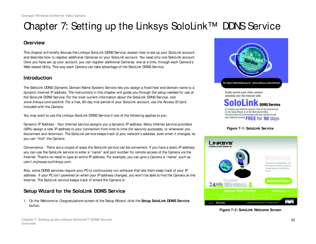 Linksys WVC54GC manual Setting up the Linksys SoloLink Ddns Service, Setup Wizard for the SoloLink Ddns Service 