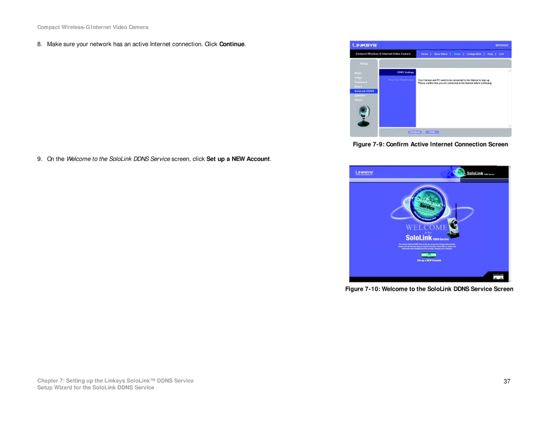 Linksys WVC54GC manual Welcome to the SoloLink Ddns Service Screen 