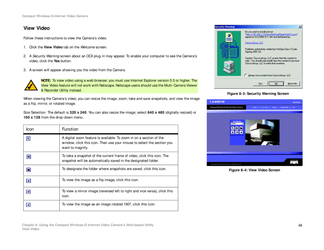 Linksys WVC54GC manual View Video, To view the image as an image rotated 180º, click this icon 