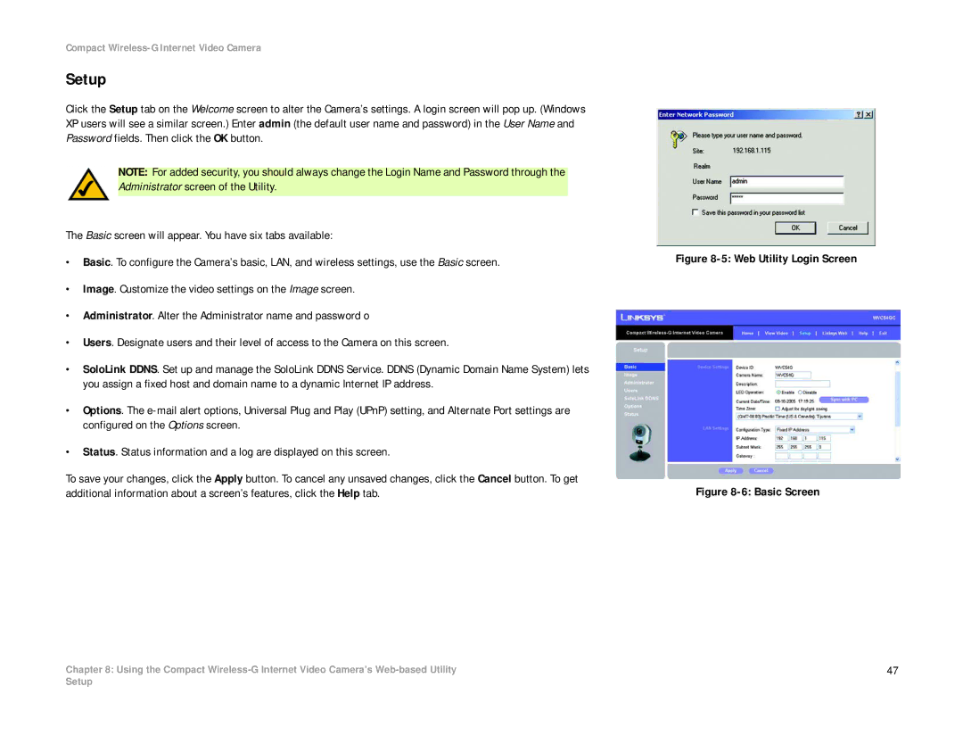 Linksys WVC54GC manual Setup, Web Utility Login Screen 