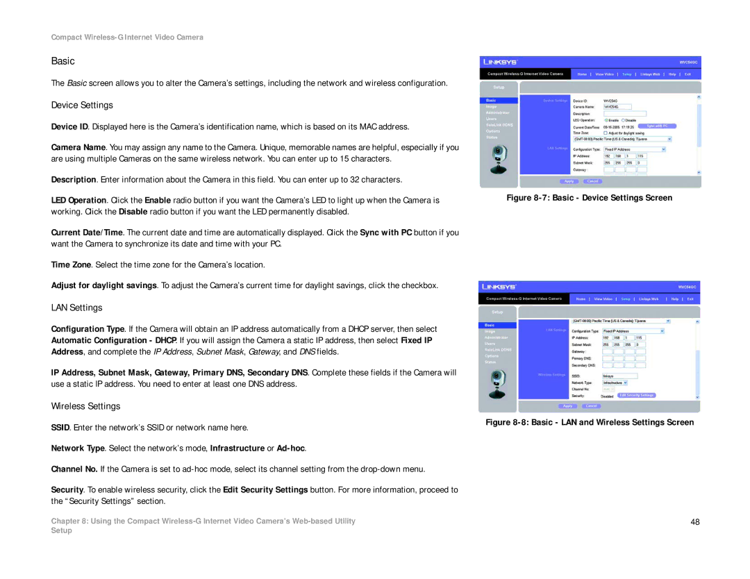 Linksys WVC54GC manual Basic, Device Settings, LAN Settings, Wireless Settings 