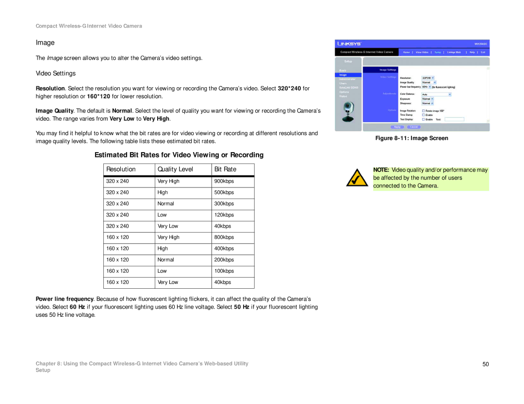 Linksys WVC54GC manual Image, Estimated Bit Rates for Video Viewing or Recording, Video Settings 