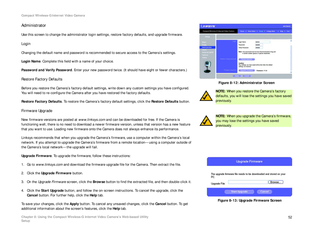 Linksys WVC54GC manual Administrator, Login, Restore Factory Defaults, Firmware Upgrade 