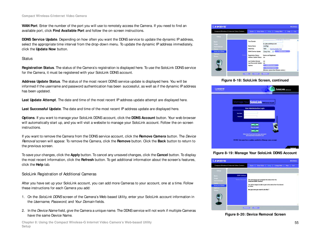 Linksys WVC54GC manual Status, SoloLink Registration of Additional Cameras 