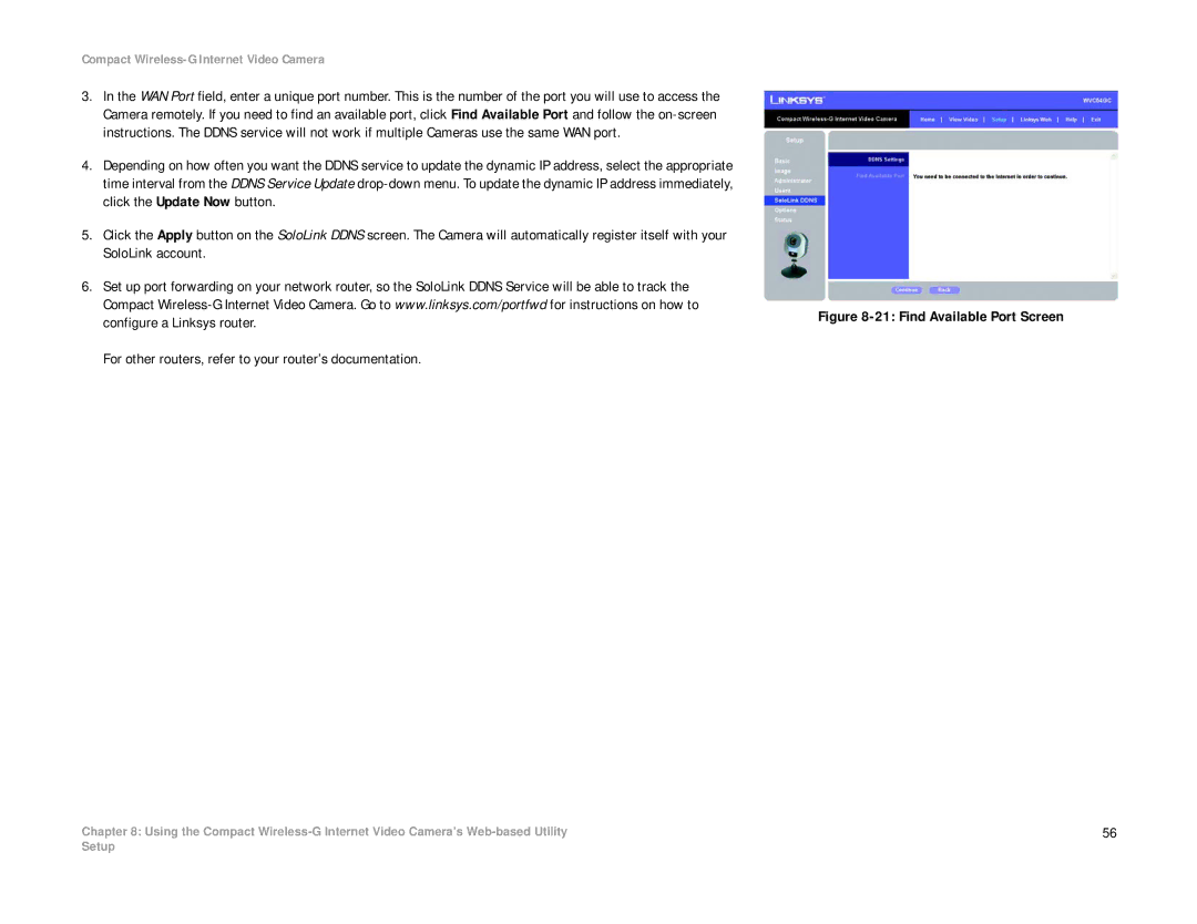 Linksys WVC54GC manual Find Available Port Screen 