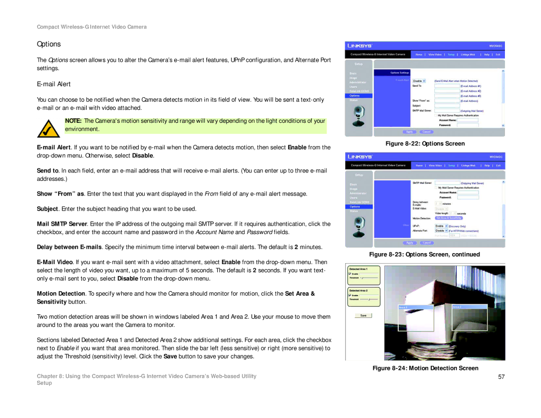 Linksys WVC54GC manual Options, Mail Alert 