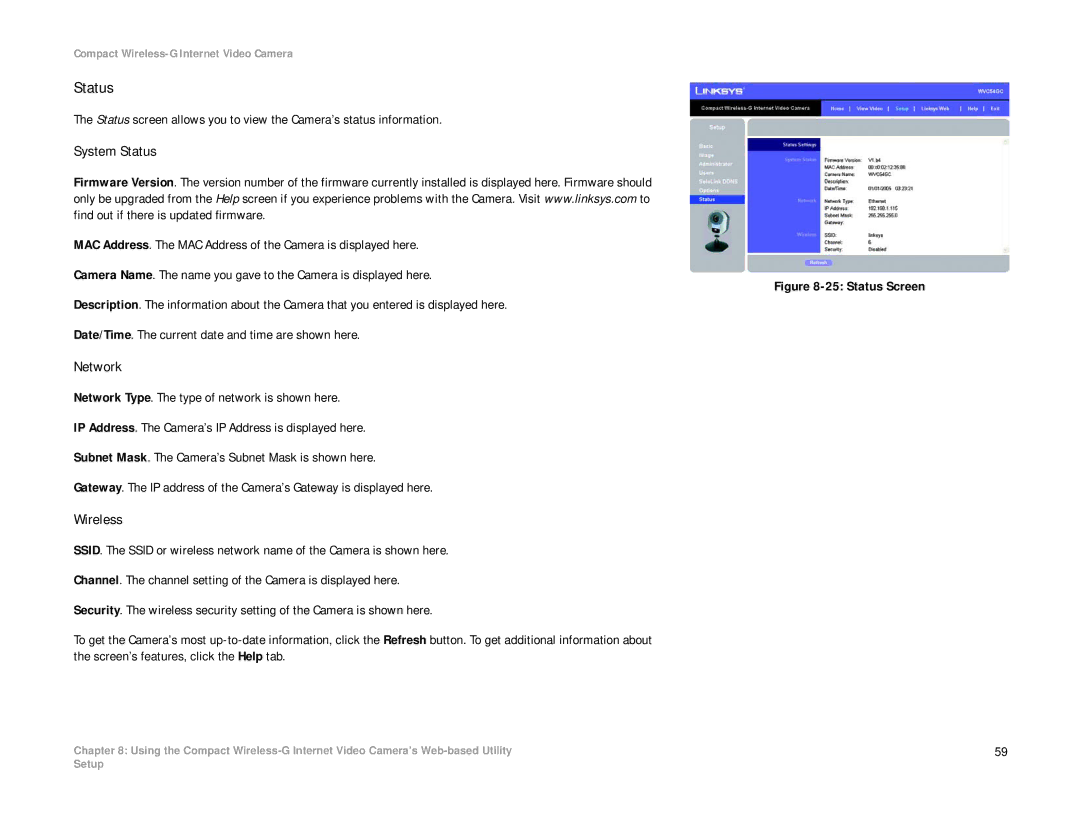 Linksys WVC54GC manual System Status, Network, Wireless 