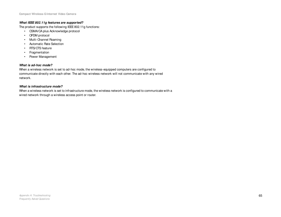 Linksys WVC54GC manual What Ieee 802.11g features are supported? 