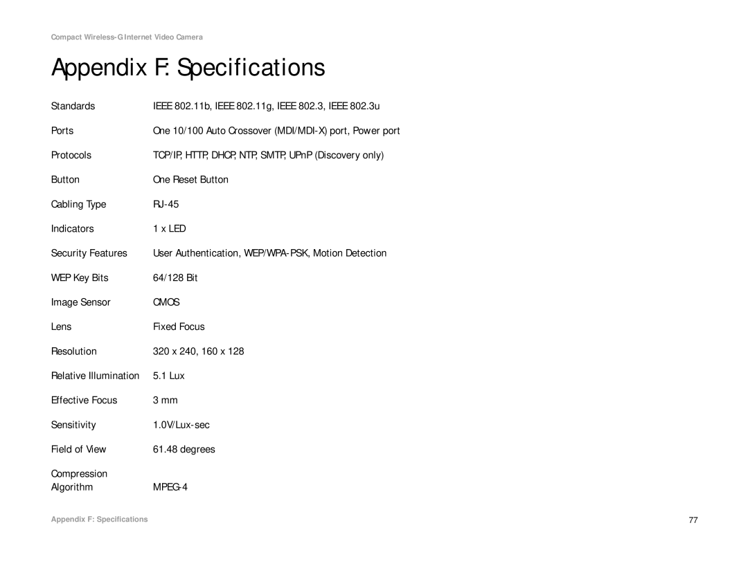 Linksys WVC54GC manual Appendix F Specifications, Standards, Ports, Protocols, WEP Key Bits 64/128 Bit Image Sensor 