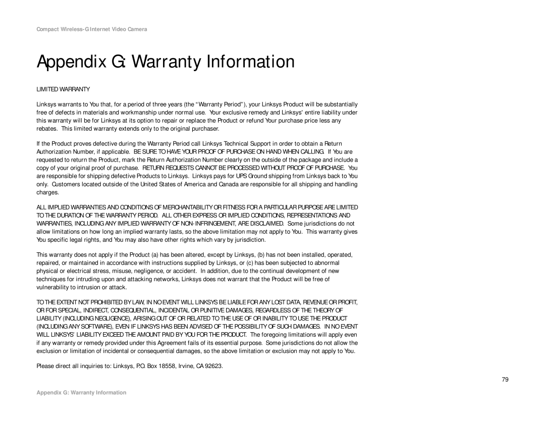 Linksys WVC54GC manual Appendix G Warranty Information, Limited Warranty 