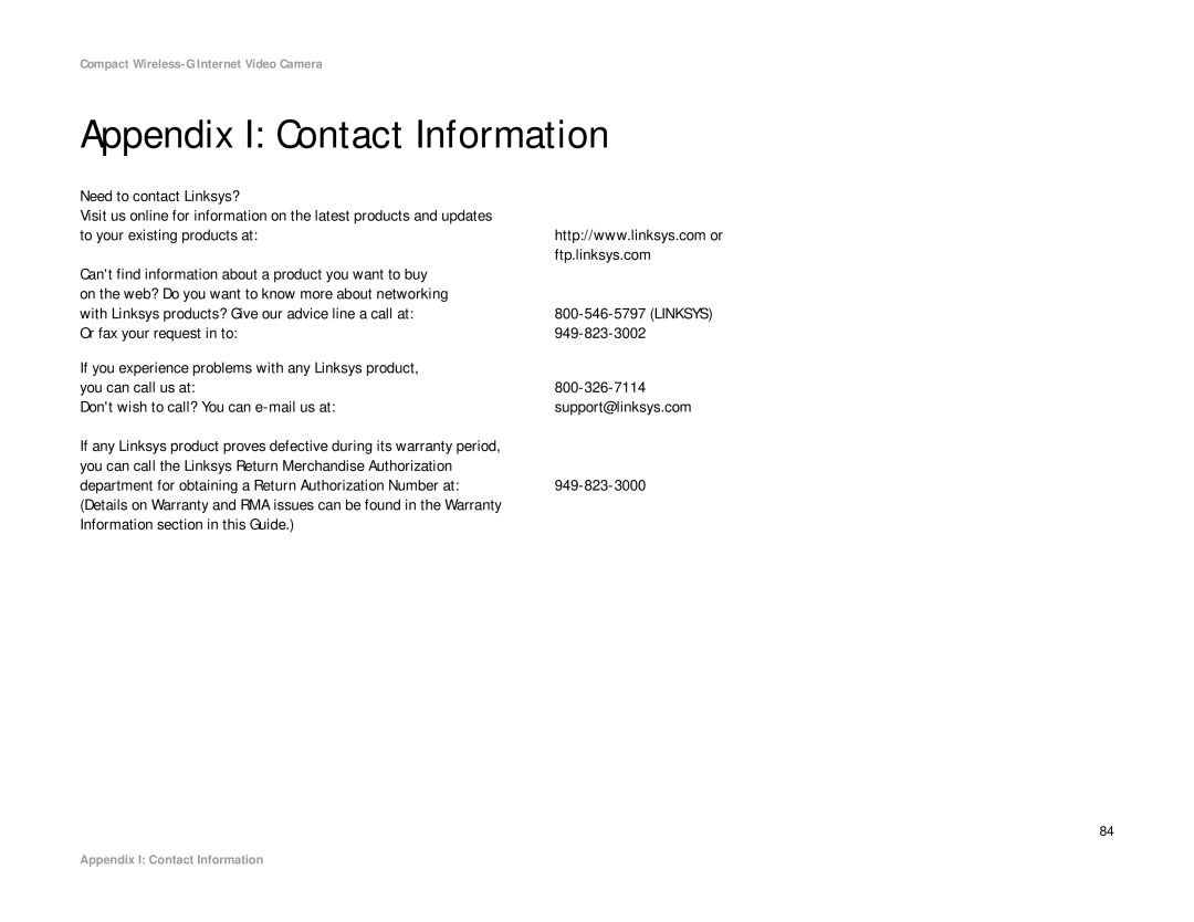 Linksys WVC54GC manual Appendix I Contact Information, Need to contact Linksys?, Information section in this Guide 