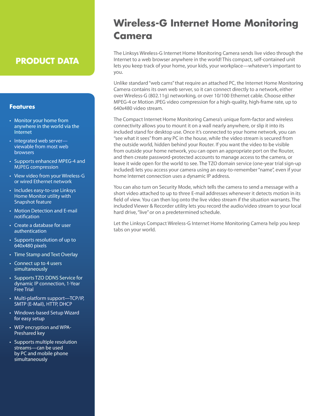 Linksys WVC54GCA manual Features 