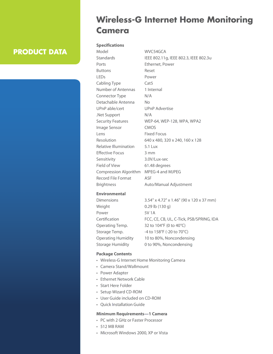 Linksys WVC54GCA manual Specifications, Environmental, Package Contents, Minimum Requirements-1 Camera 