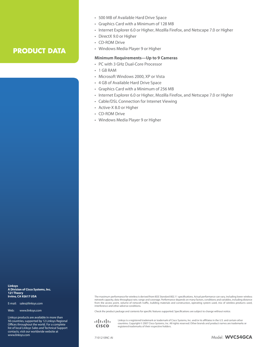 Linksys manual Minimum Requirements-Up to 9 Cameras, Model WVC54GCA 