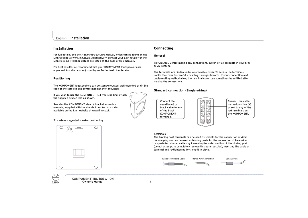 Linn 110, 104, 106 owner manual Installation, Connecting 