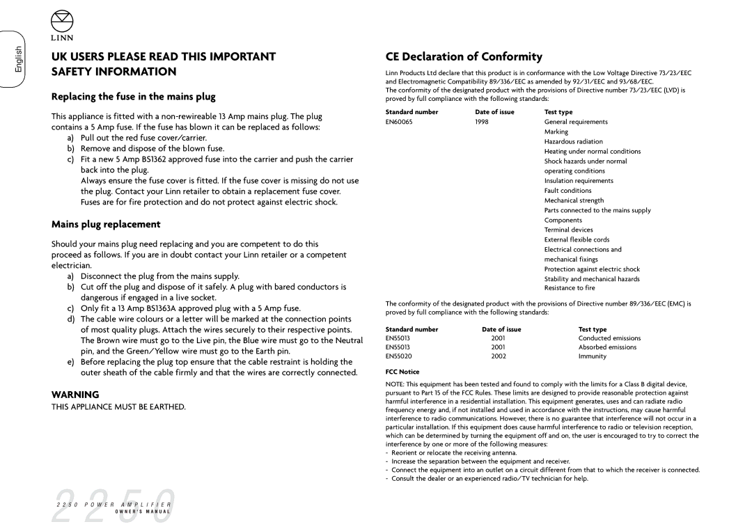 Linn 2250 manual UK Users Please Read this Important Safety Information, CE Declaration of Conformity 