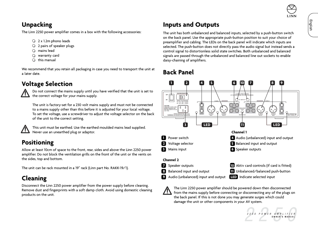 Linn 2250 manual Unpacking, Voltage Selection Inputs and Outputs, Back Panel, Positioning, Cleaning 