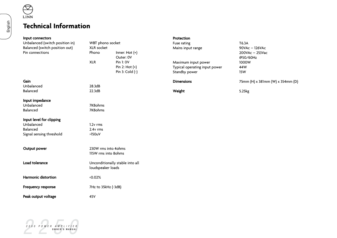 Linn 2250 manual Technical Information, Xlr 