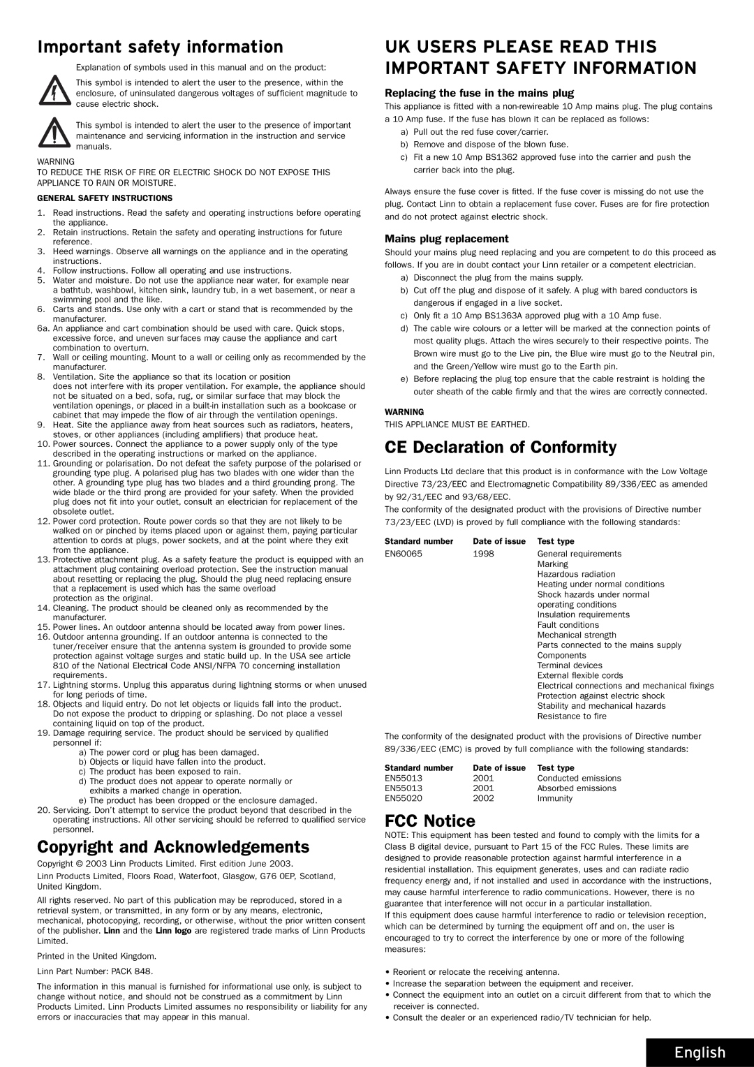 Linn 328A manual Important safety information 