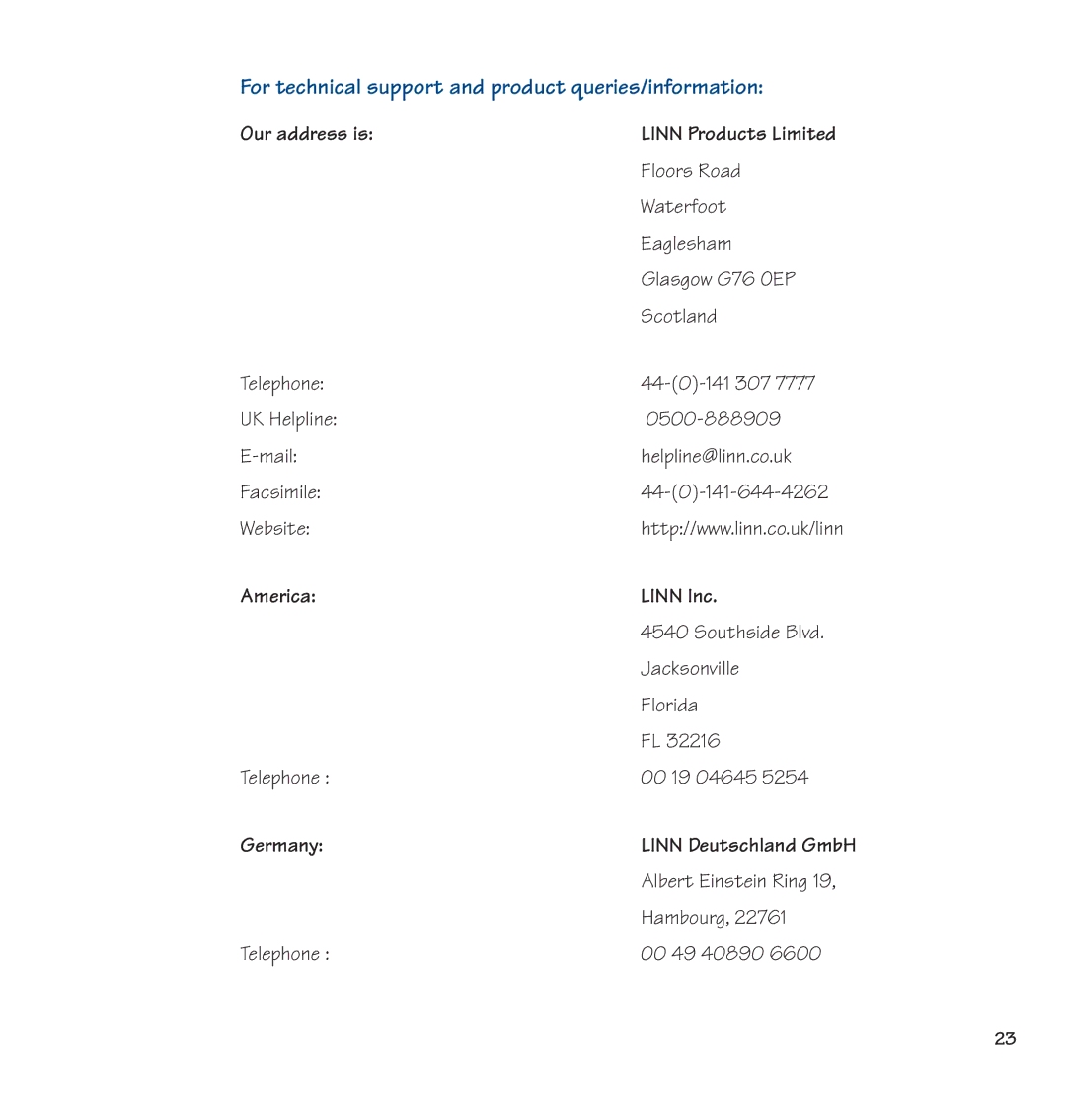 Linn 500 Solo manual For technical support and product queries/information 