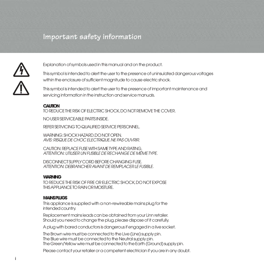 Linn 500 Solo manual Important safety information, Avis Risque DE Choc ELECTRIQUE.NE PAS Ouvrir 