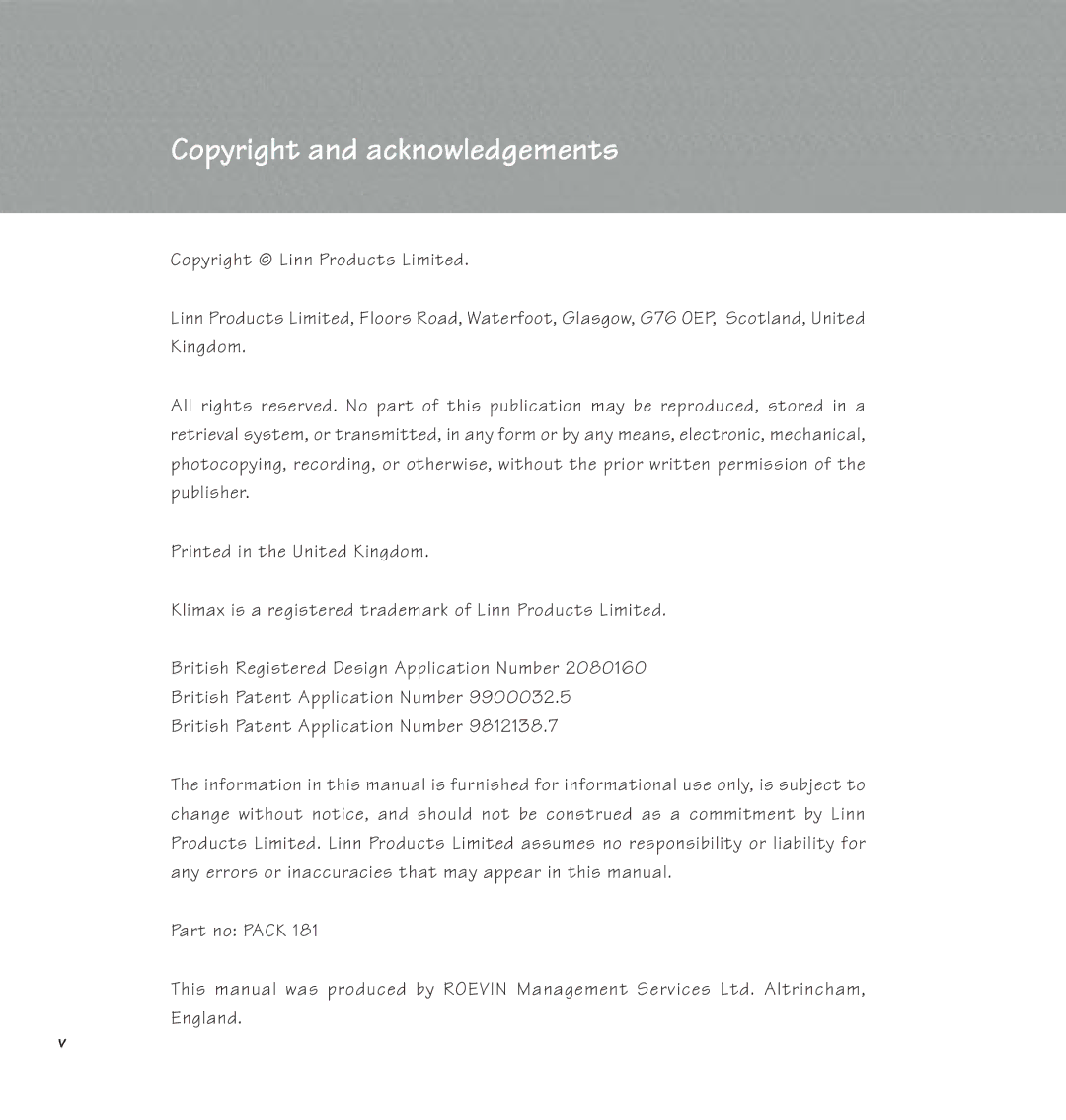 Linn 500 Solo manual Copyright and acknowledgements 