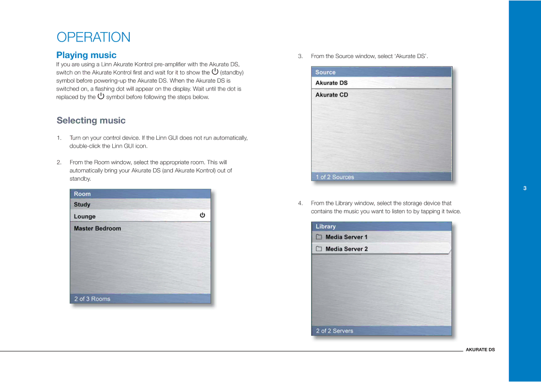 Linn Akurate DS owner manual Operation, Playing music, Selecting music 