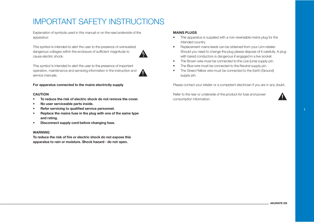 Linn Akurate DS owner manual Important Safety Instructions, Mains Plugs 