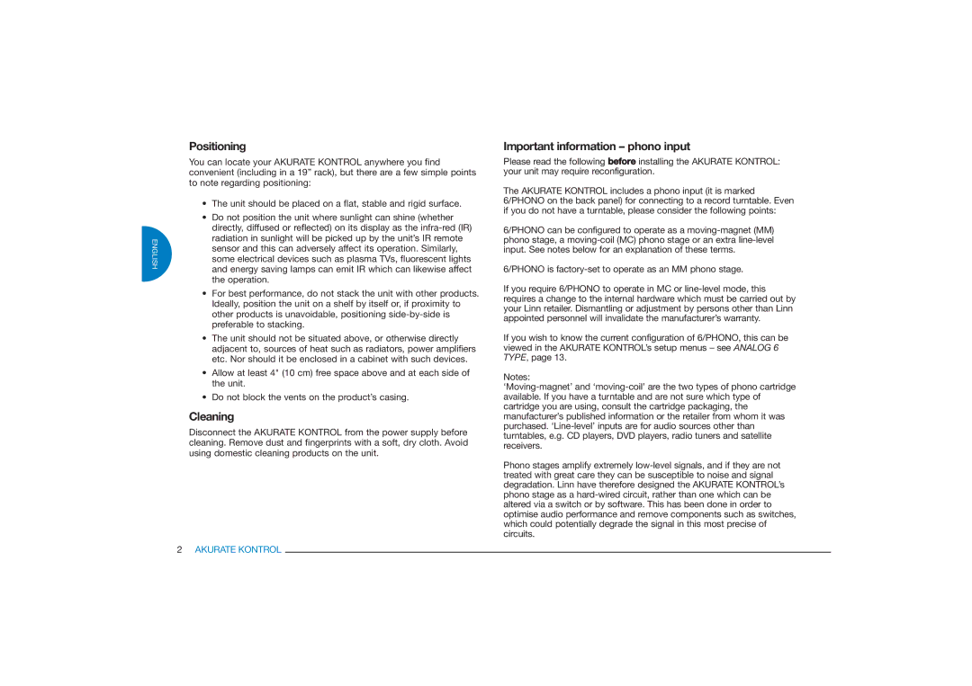 Linn Akurate Kontrol Pre-Amplifier owner manual Positioning, Cleaning, Important information phono input 