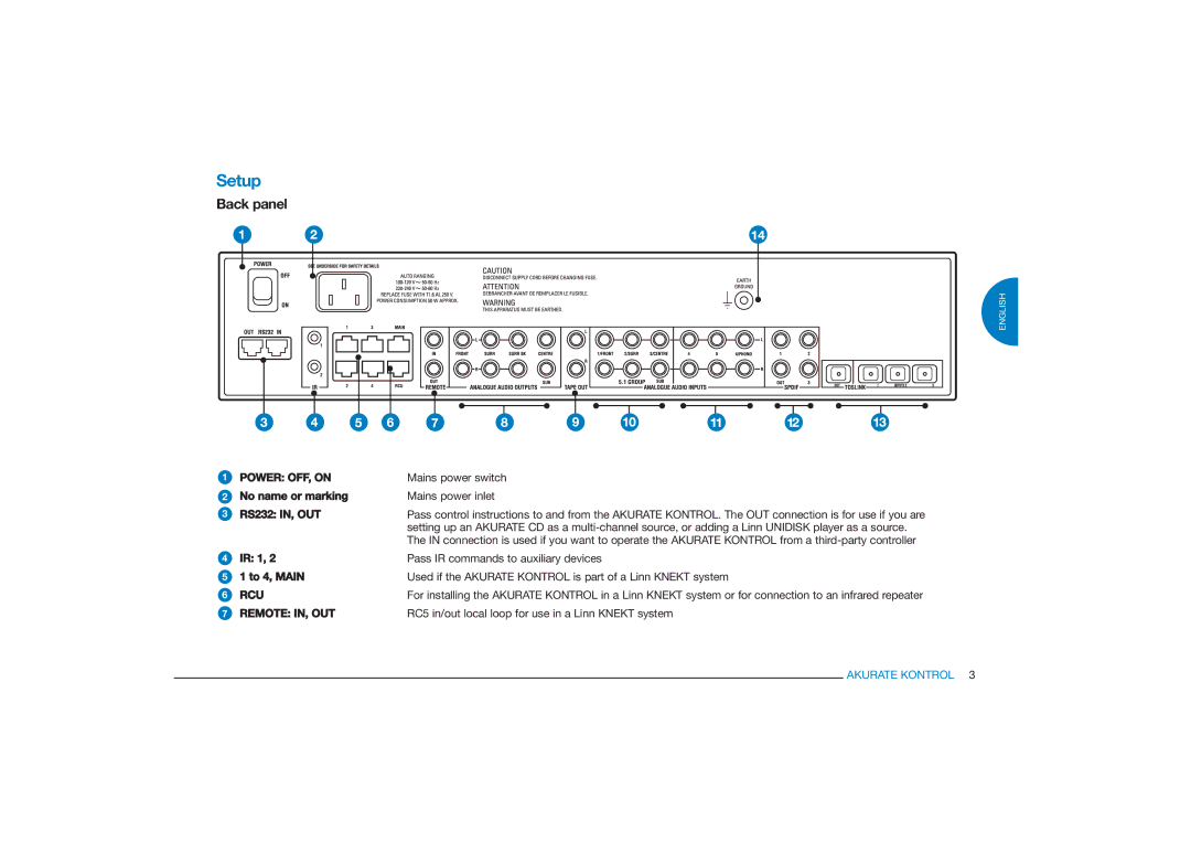 Linn Akurate Kontrol Pre-Amplifier owner manual Setup, Back panel, Power OFF, on, Rcu, Remote IN, OUT 