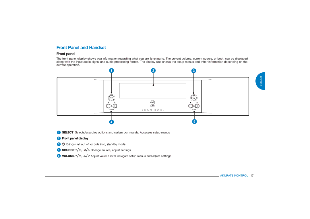 Linn Akurate Kontrol Pre-Amplifier owner manual Front Panel and Handset, Front panel display 