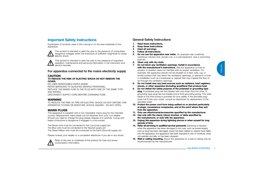 Linn Akurate Kontrol Pre-Amplifier Important Safety Instructions, For apparatus connected to the mains electricity supply 