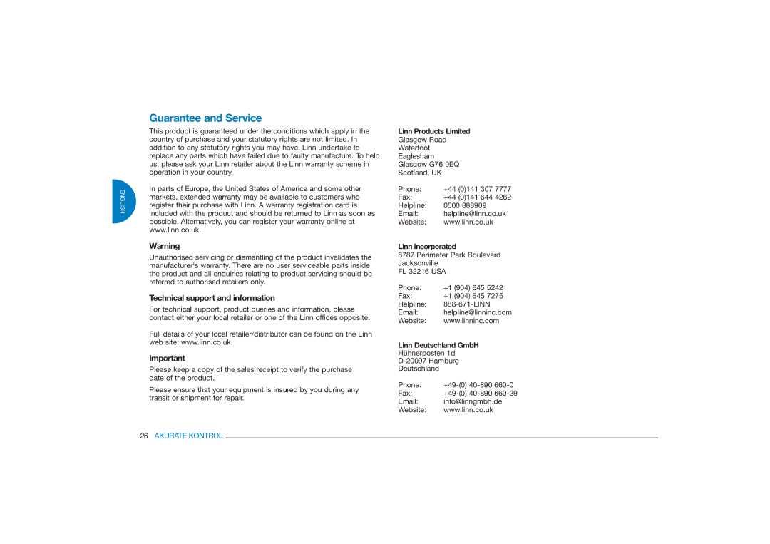 Linn Akurate Kontrol Pre-Amplifier Guarantee and Service, Technical support and information, Linn Products Limited 