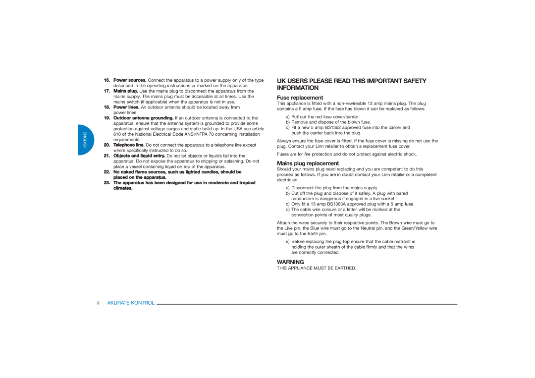 Linn Akurate Kontrol Pre-Amplifier owner manual Fuse replacement, Mains plug replacement 