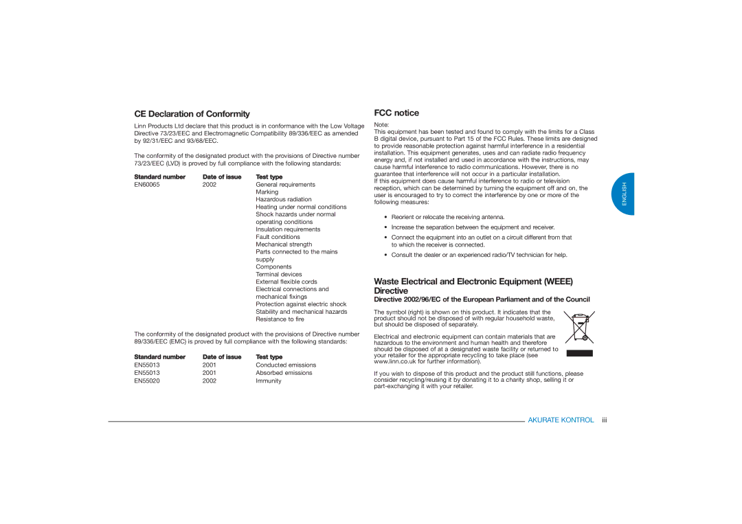 Linn Akurate Kontrol Pre-Amplifier owner manual CE Declaration of Conformity, FCC notice 